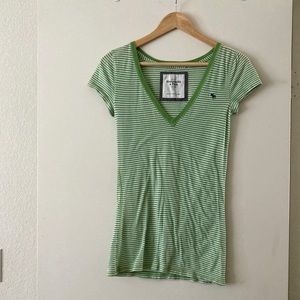 Abercrombie & Fitch Green and White Striped V-Neck